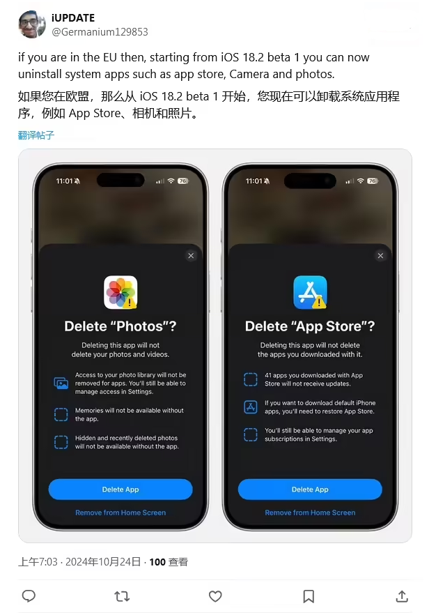 金口河苹果手机维修分享iOS 18.2 支持删除 App Store 应用商店 