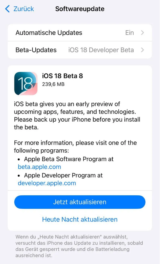 金口河苹果手机维修分享苹果 iOS / iPadOS 18 开发者预览版 Beta 8 发布 